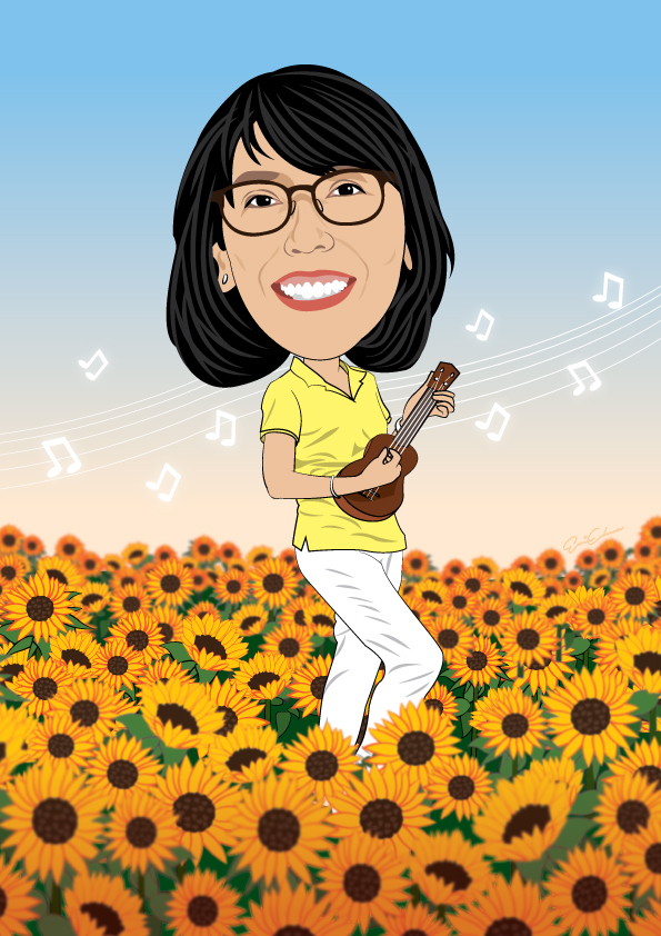 solo caricature playing ukulele with sunflower field as background design