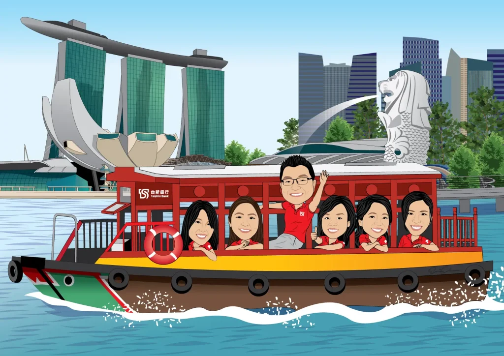 a caricature art for a male colleague farewell with Singapore landmarks as background