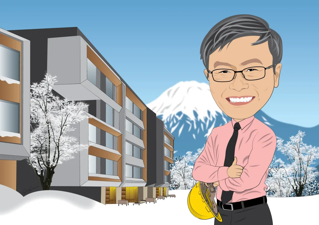 Custom hand-drawn caricature as thank you gift for colleagues with Japan resort background