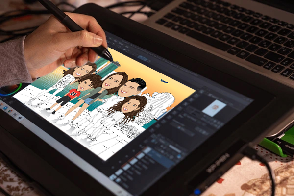 hand-drawn caricature on tablet