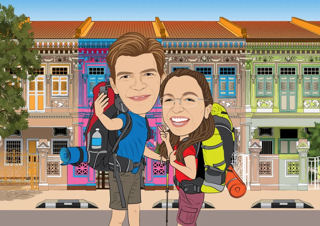 Digital caricature drawing Singapore example showing couple with Peranakan shophouses background