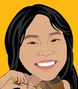 Custom digital caricature of Asian woman with natural likeness and warm smile
