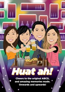 team caricatures in bar setting