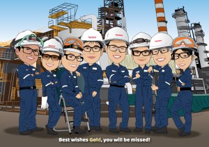 team caricature in sites training setting with farewell wishes at the bottom of artwork