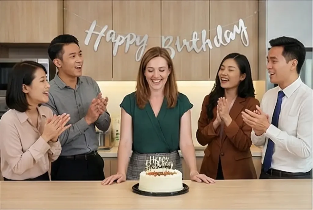 Colleagues celebrating office birthday with cake and happy birthday decoration Singapore
