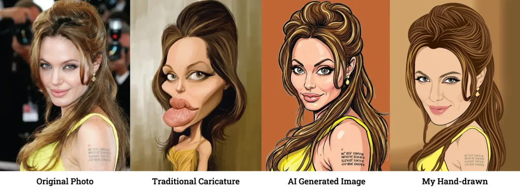 Comparison showing original photo, traditional caricature, AI-generated image, and hand-drawn digital caricature style