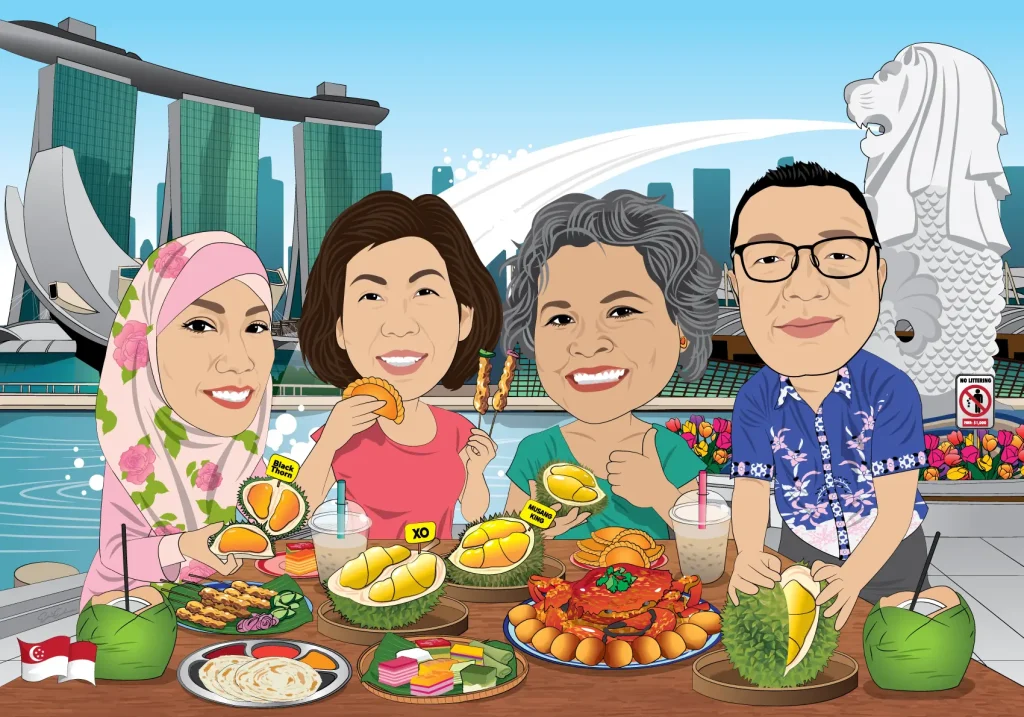 caricature artwork incorporate singapore local food such as chilli crab, durian, laksa, curry puff, kuih, satay, roti canai, and coconut juice