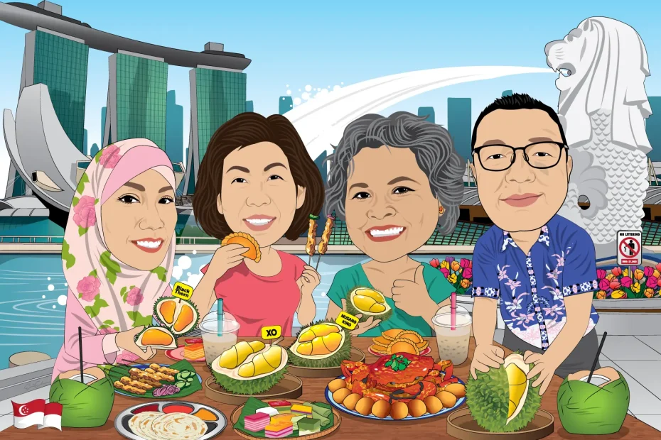 caricature artwork incorporate singapore local food such as chilli crab, durian, laksa, curry puff, kuih, satay, roti canai, and coconut juice