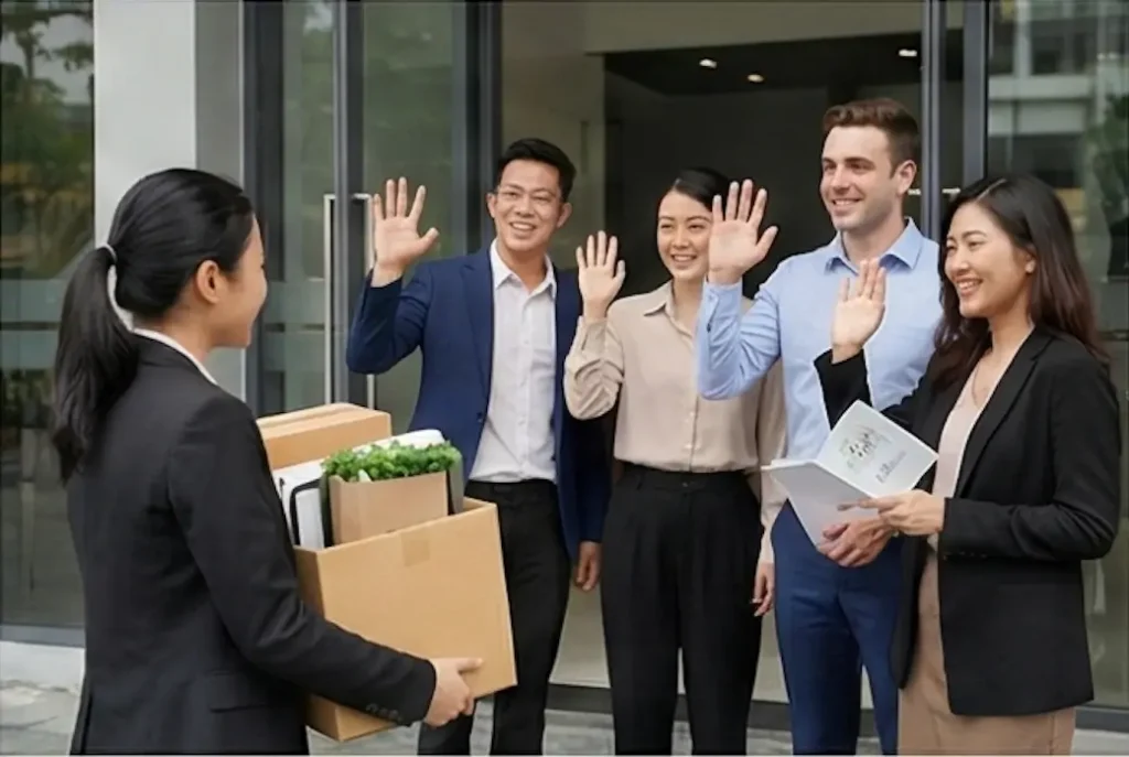 Colleagues saying farewell goodbye to departing team member with gift Singapore office