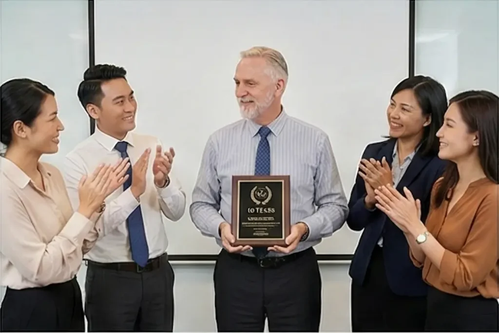 Team celebrating colleague's work anniversary with award plaque in Singapore office