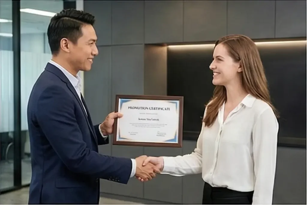 Manager presenting promotion certificate gift to colleague in Singapore corporate office