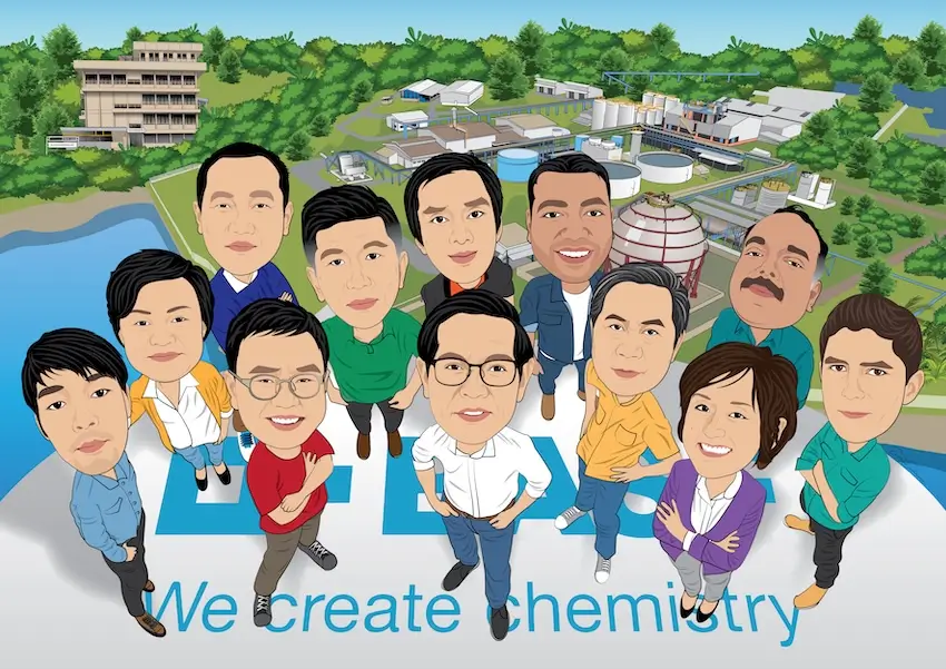 team caricatures with customized background of plant and their office