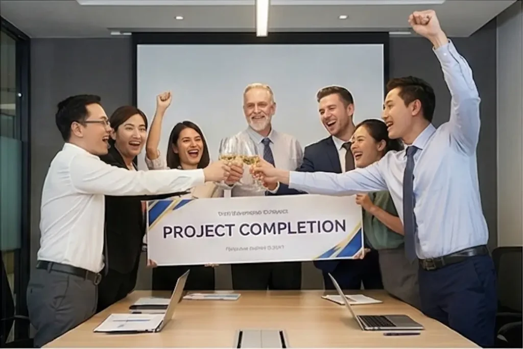 Office team celebrating project completion milestone with colleagues in Singapore