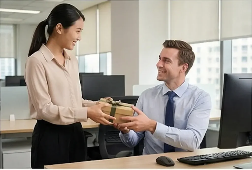 Woman giving colleague appreciation gift at office desk in Singapore workplace